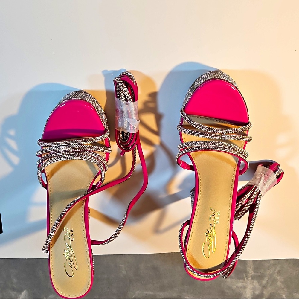 Cathy Din Hot Pink Synthetic Rhinestone Platform Ankle Strap Open Toe 8.5